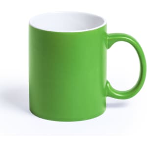 A green coffee mug with a white interior and a handle. It features a logo.