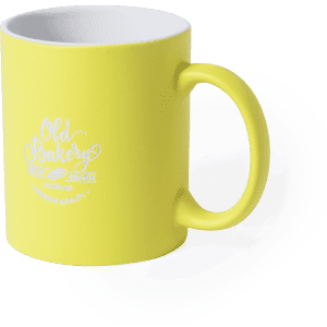 A yellow coffee mug with a handle featuring a logo on the front and a white interior.