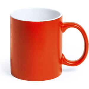 An orange coffee mug with a white interior and a standard handle. It features a logo on the side.