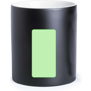 A black coffee mug with a smooth finish and a blank green section for custom branding.
