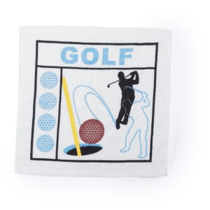 A white towel featuring a golf theme with illustrations of a golfer and a ball near a hole. It has a logo.