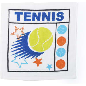 A white towel featuring a tennis ball design with colourful stars and a branded logo.