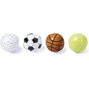 A set of four decorative balls: golf, soccer, basketball, and tennis, each featuring distinctive designs and colours.