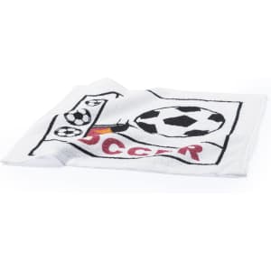 A white gym towel featuring a soccer ball and the word "SOCCER" in red, with a decorative logo.
