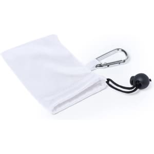 A white towel with a drawstring and carabiner for easy attachment. The fabric appears soft and lightweight.