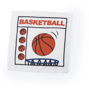 A square towel featuring an illustration of basketballs and a hoop, primarily in white, orange, and blue colours.