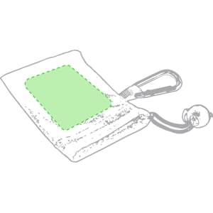 A green towel featuring a carabiner attachment and a pocket area for holding items. It has a logo on the surface.
