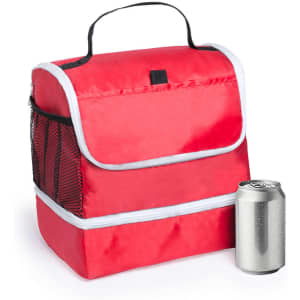 A red cooler bag with a black mesh side pocket sits next to a silver drink can. The bag features a fold-over flap and handle.