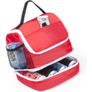 A red cooler bag with a mesh side pocket and contents including drink cans and a juice box. It features a handle for easy carrying.