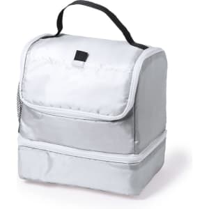 A cooler bag in light grey with a handle and a front mesh pocket, designed for portable storage.