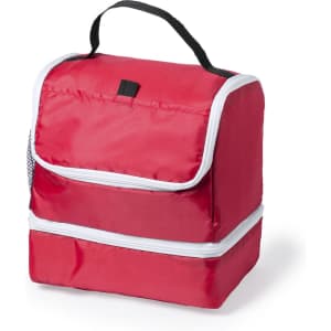 A red cooler bag with a zippered front pocket and a black handle. It features a mesh side pocket.