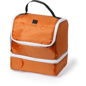 An orange cooler bag with a zip closure and a black handle, featuring a mesh pocket on one side.