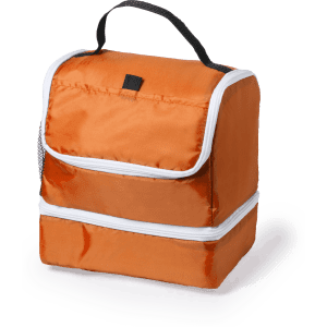An orange cooler bag with white zippers and a black handle, featuring a brand logo on the front.