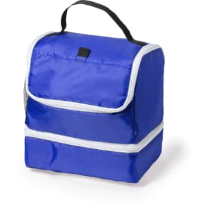 A blue cooler bag with a top flap and a mesh side pocket, featuring a handle for easy carrying.