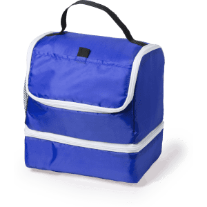 A blue cooler bag with a zip closure and a carry handle, featuring a simple design and a logo.