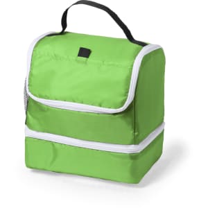 A green cooler bag with a zip closure and a handle, featuring a mesh side pocket. Includes a branding logo.