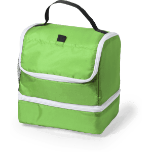 A green cooler bag with a top handle and zipper compartments, featuring a simple design and a logo.