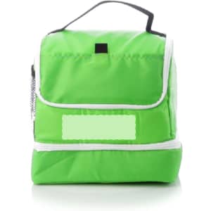 A green cooler bag with a top handle, featuring a front flap and a side mesh pocket. It has a logo on it.