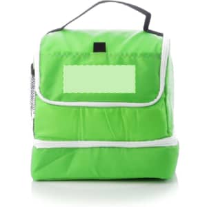 A green cooler bag with a zippered compartment and a single handle on top. It features a logo or branding.