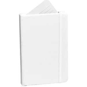 A white notepad with a flexible cover and an elastic band, featuring a pocket on the inside for notes.