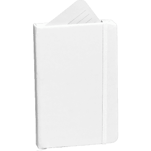 A white Kininel Notepad with a textured finish and an elastic band closure, featuring an interior pocket.