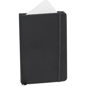 A black notepad with a flexible cover, featuring blank pages and an elastic band closure.