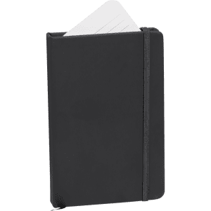 A black notepad with a textured cover and an elastic band closure, featuring blank pages peeking out.