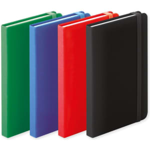 A collection of four notepads in green, blue, red, and black, featuring a logo and an elastic band closure.