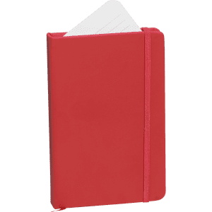 A red notepad with an elastic band and a visible white inner page. It features a logo on the cover.