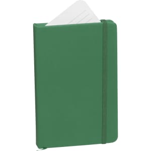 A green notepad with an elastic band and a few blank pages visible at the top. It features a logo on the cover.