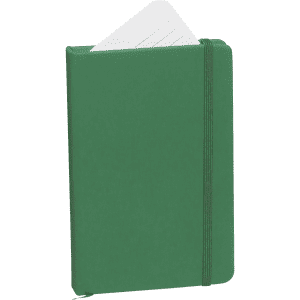 A green notepad with a white inner page visible, featuring an elastic band closure and a simple design.
