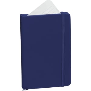A navy blue notepad with a removable cover, featuring blank white pages and a coordinating elastic strap.