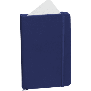 A navy blue notepad with a textured cover, featuring a white interior page peeking out. It has an elastic band closure and a logo.