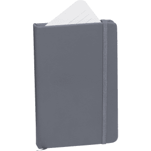 A grey notepad with a flexible cover and an elastic band, featuring a few visible white pages.