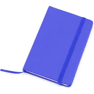 A purple Kinelin Notepad with a sturdy cover, secured with an elastic band and a ribbon bookmark.