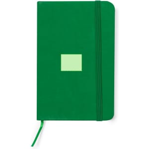 A green notepad with a solid cover, an elastic closure, and a matching bookmark ribbon, featuring a logo.