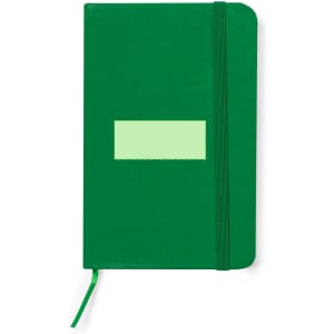 A green notepad with an elastic band and a ribbon bookmark, featuring a blank area for custom branding.