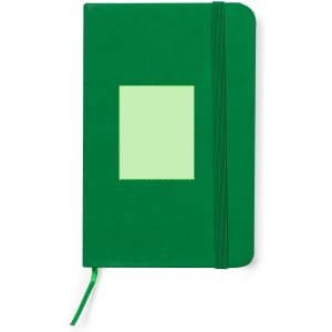 A green notepad with a rectangular window on the front, featuring a matching elastic closure and ribbon bookmark.