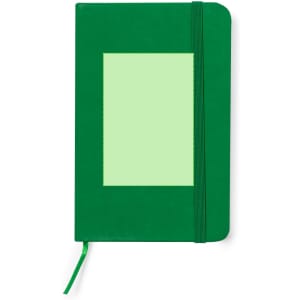 A green Kinelin Notepad featuring a blank rectangular section and an elastic band closure.