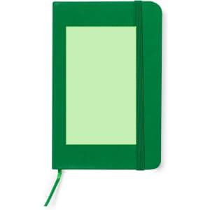 A green notepad with a textured front cover and an attached elastic band for closure.