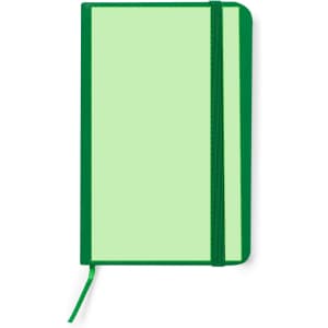 A green Kinelin Notepad with a smooth cover, an elastic band, and a ribbon bookmark. It features a logo.
