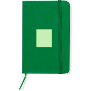 A green notepad with a textured cover, featuring a square cut-out and a matching elastic band closure.