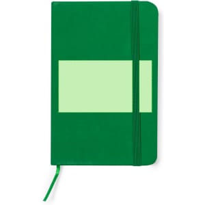 A green Kinnelin notepad with a placeholder for a label and an elastic closure. Features a ribbon bookmark.