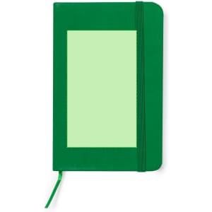 A green notepad featuring a rectangular window and an elastic band closure. It also includes a ribbon marker.