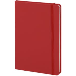 A red notepad with a cover and an elastic band, featuring a logo on the front.