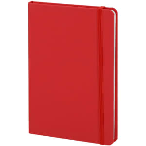 A red notepad with a smooth cover and an elastic band closure, featuring a branding logo.