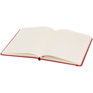 An open red notepad with lined pages, featuring a simple design and no visible branding.