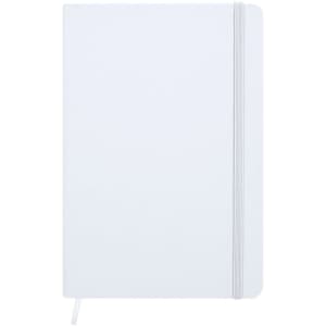 A white notepad with a grey elastic band and a ribbon bookmark, featuring a plain cover.