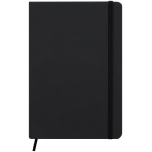 A black notepad with a smooth cover, an elastic band closure, and a ribbon marker. It features branding on the cover.