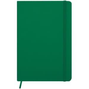 A green notepad with a textured cover, featuring an elastic closure and a ribbon bookmark.